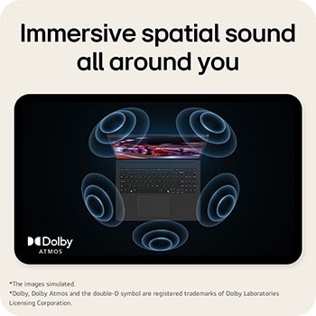 The image shows a top-down view of a laptop with a vibrant, purple-themed graphic on the screen. Surrounding the laptop are dynamic sound wave visuals, indicating an immersive audio experience. The "Dolby Atmos" logo is displayed in the bottom right corner.
