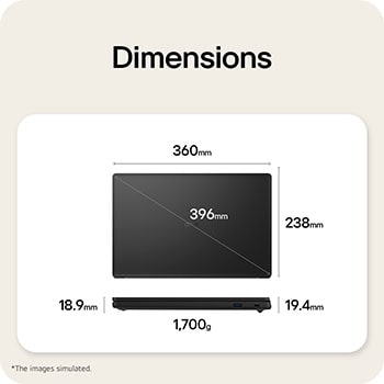This image shows a dimensions diagram of the LG gram laptop, indicating the top view width and height, a diagonal size, and the side view showing thickness and weight.