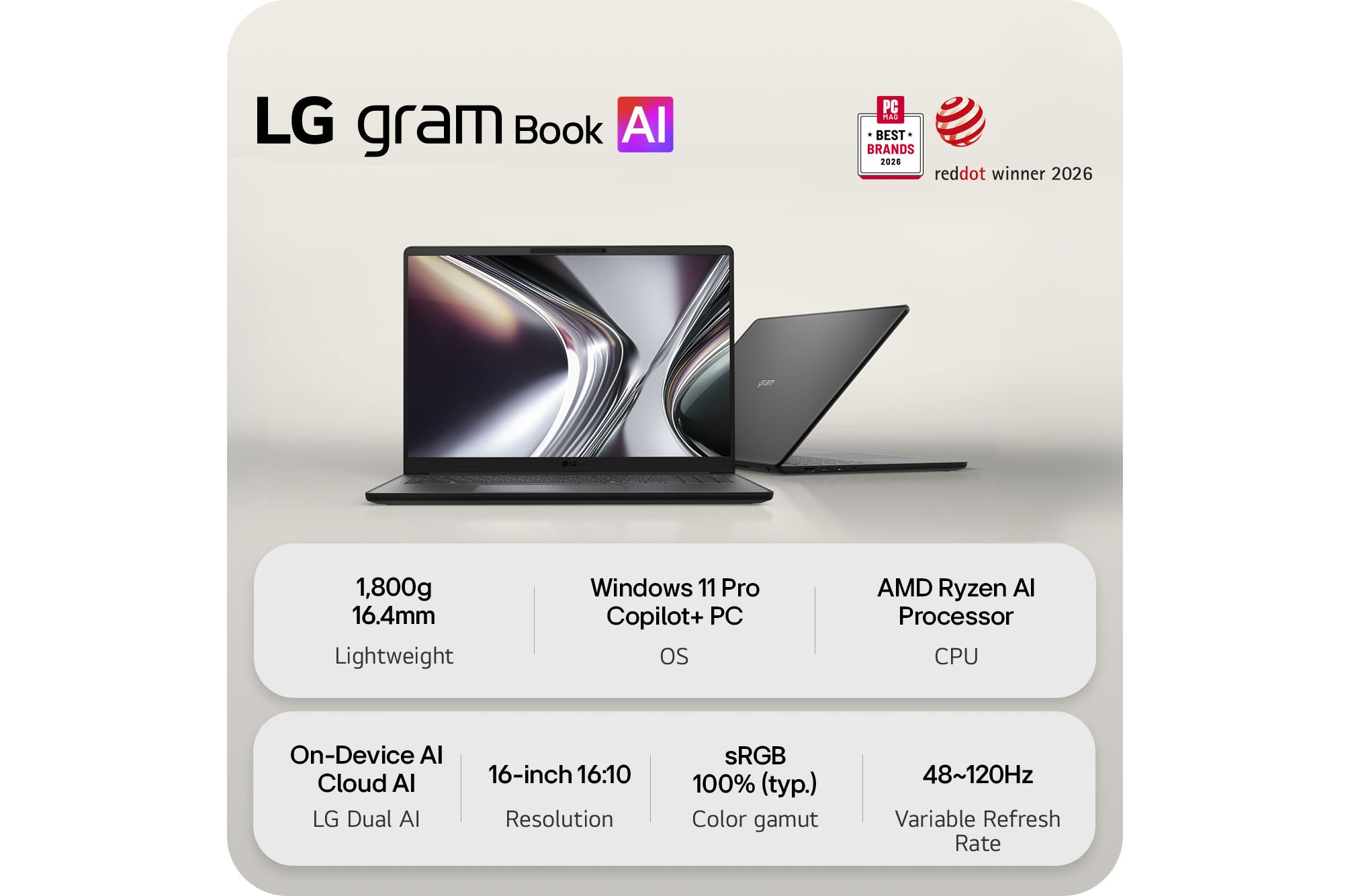 This image shows two lightweight laptops displayed on a bright background. One laptop is angled to highlight its slim, compact rear design, while the other is open, emphasizing a thin and lightweight build, with key specifications shown below.