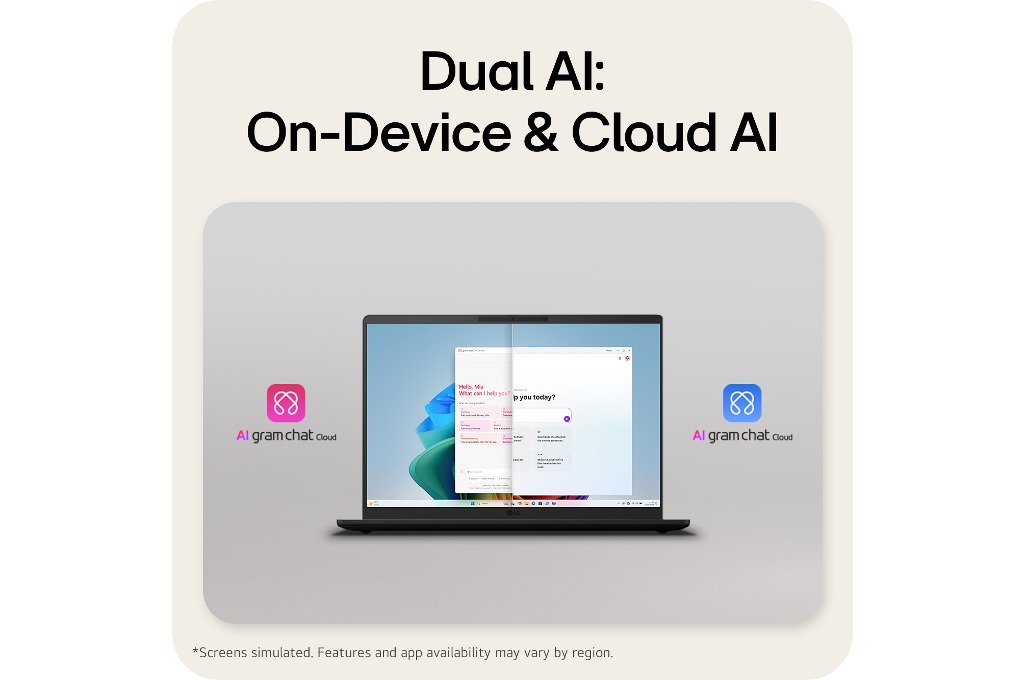 The image shows a laptop screen split into two sections, presenting AI gram chat on-device on one side and AI gram chat cloud on the other, illustrating on-device and cloud-based AI chat interfaces.