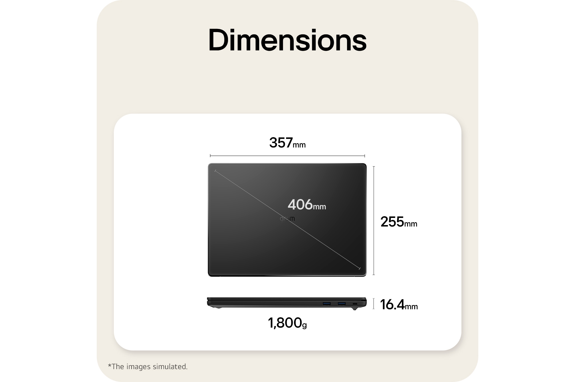 This image shows a dimensions diagram of the LG gram laptop, indicating the top view width and height, a diagonal size, and the side view showing thickness and weight.