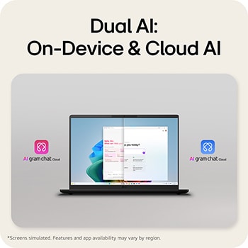 The image shows a laptop screen split into two sections, presenting AI gram chat on-device on one side and AI gram chat cloud on the other, illustrating on-device and cloud-based AI chat interfaces.