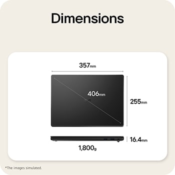 This image shows a dimensions diagram of the LG gram laptop, indicating the top view width and height, a diagonal size, and the side view showing thickness and weight.