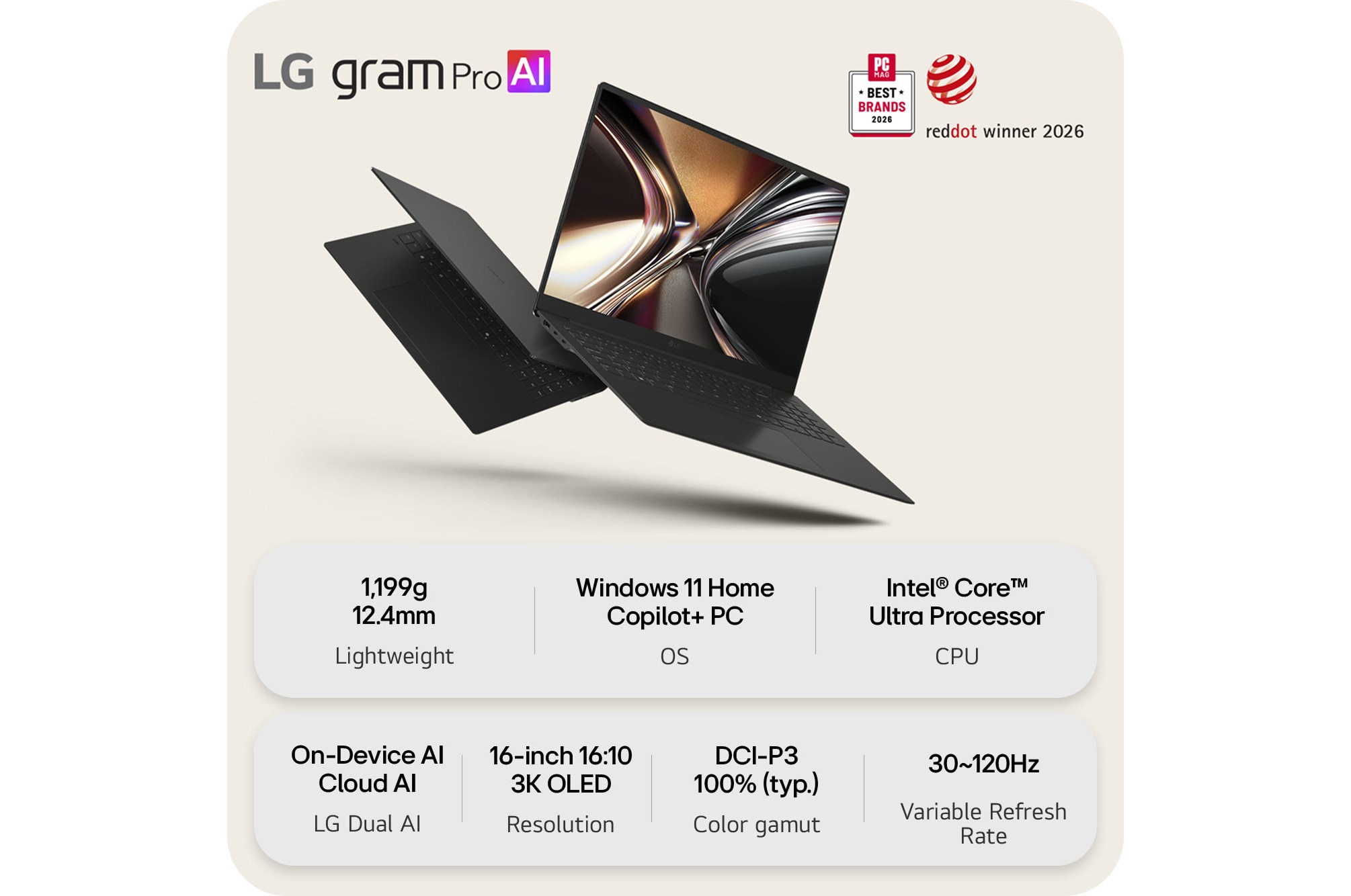 This image shows two lightweight laptops displayed on a bright background. One laptop is angled to highlight its slim, compact rear design, while the other is open, emphasizing a thin and lightweight build, with key specifications shown below.