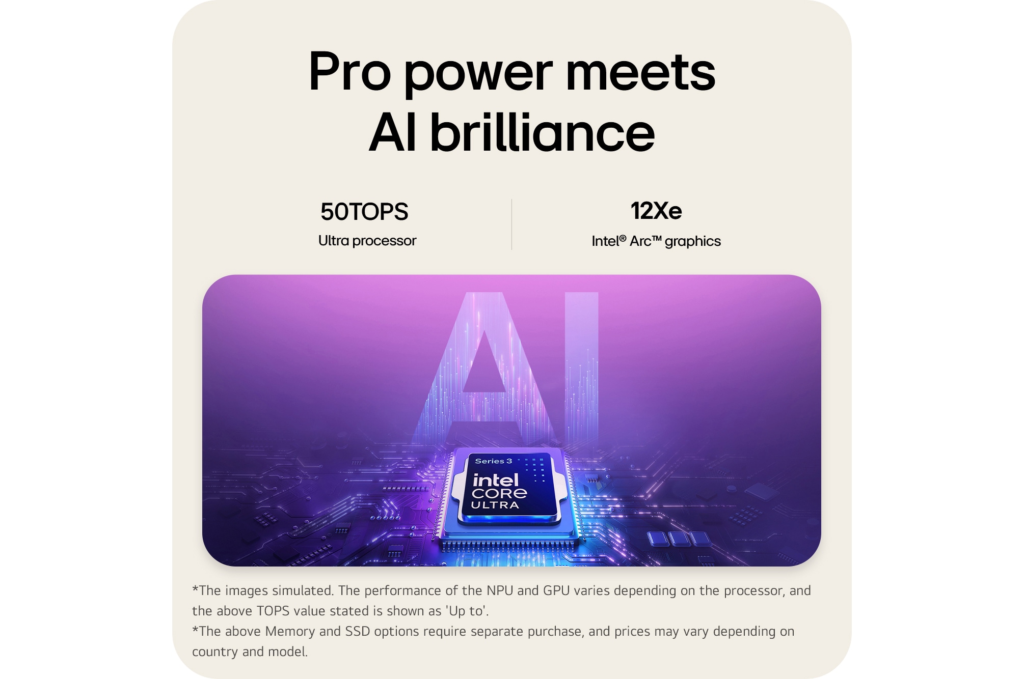 The image features an Intel® Core™ Ultra processor set against a blue-to-purple gradient background, with large semi-transparent “AI” text layered behind the chipset.