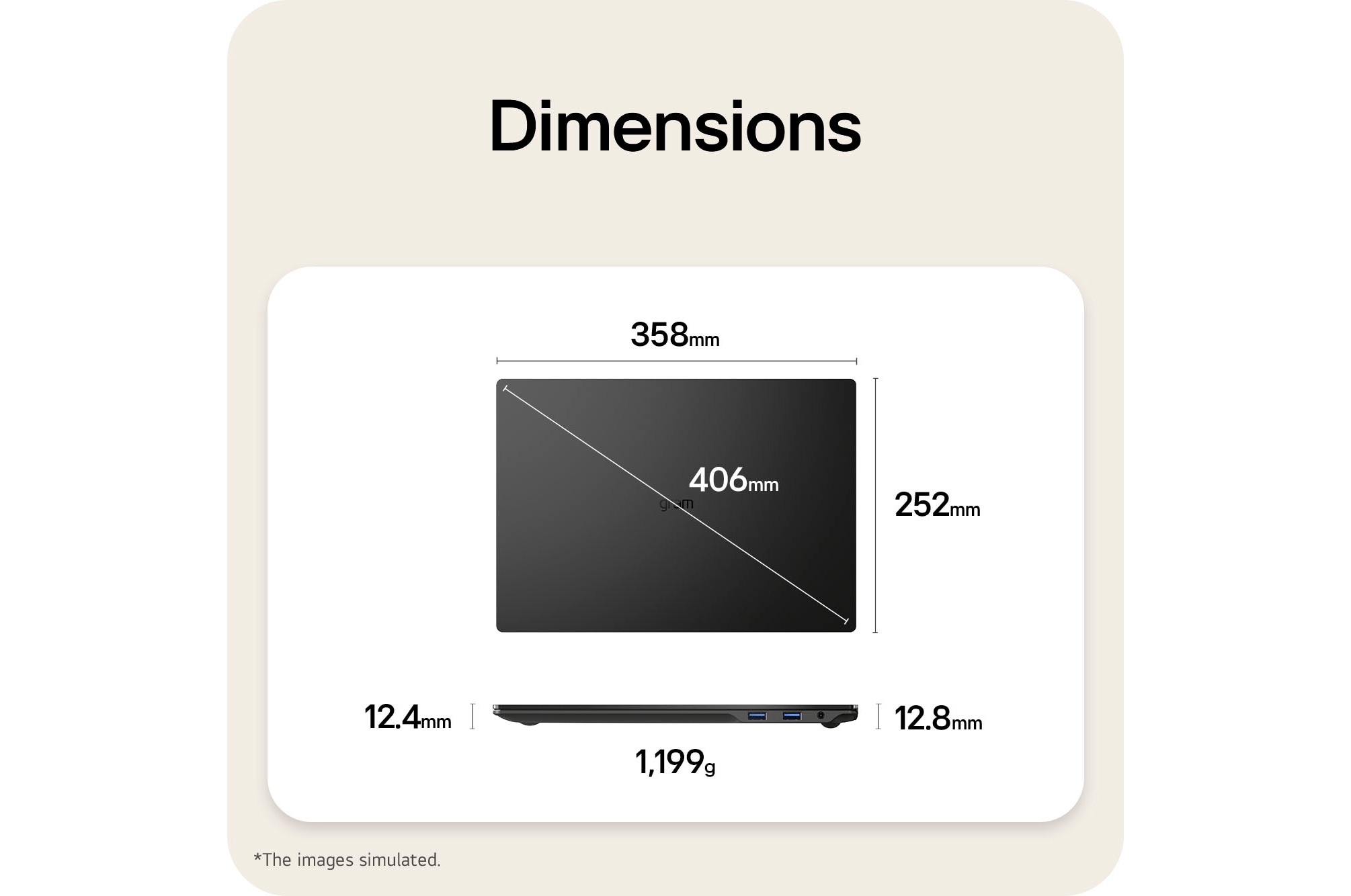 This image shows a dimensions diagram of the LG gram laptop, indicating the top view width and height, a diagonal size, and the side view showing thickness and weight.