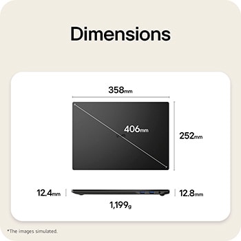 This image shows a dimensions diagram of the LG gram laptop, indicating the top view width and height, a diagonal size, and the side view showing thickness and weight.