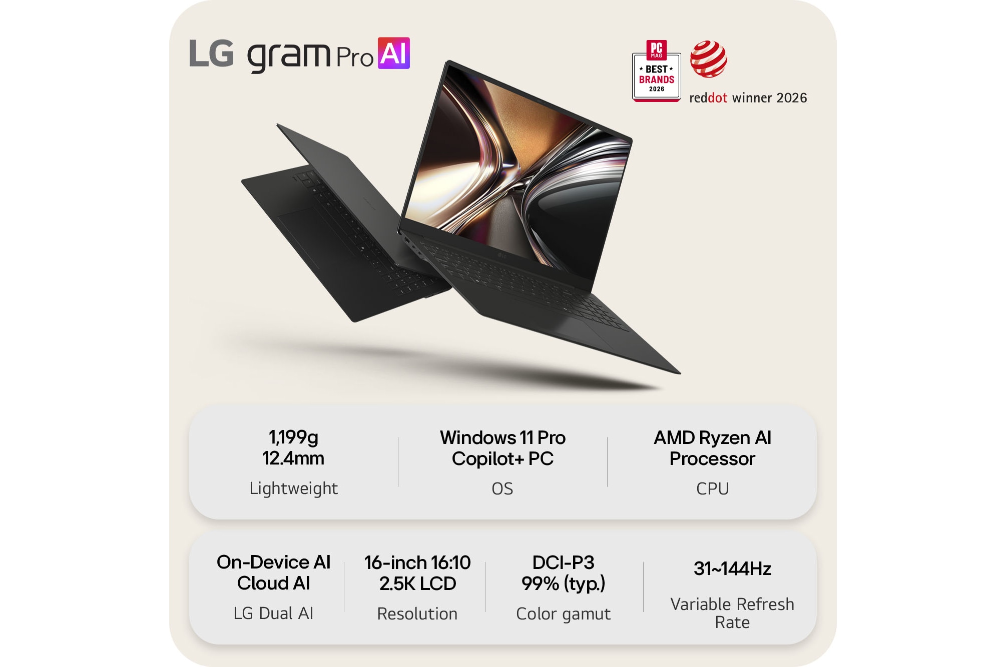 This image shows two lightweight laptops displayed on a bright background. One laptop is angled to highlight its slim, compact rear design, while the other is open, emphasizing a thin and lightweight build, with key specifications shown below.