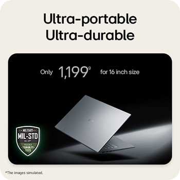 This image shows a lightweight LG gram laptop floating against a dark background, emphasizing its slim and compact design. Text above highlights the weight of The world’s lightest - among 1,739g-17 inch RTX laptops while a MIL-STD durability certification badge appears in the lower left, indicating military-standard durability testing.