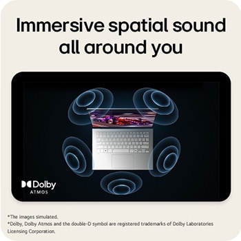 The image shows a top-down view of a laptop with a vibrant, purple-themed graphic on the screen. Surrounding the laptop are dynamic sound wave visuals, indicating an immersive audio experience. The "Dolby Atmos" logo is displayed in the bottom right corner.