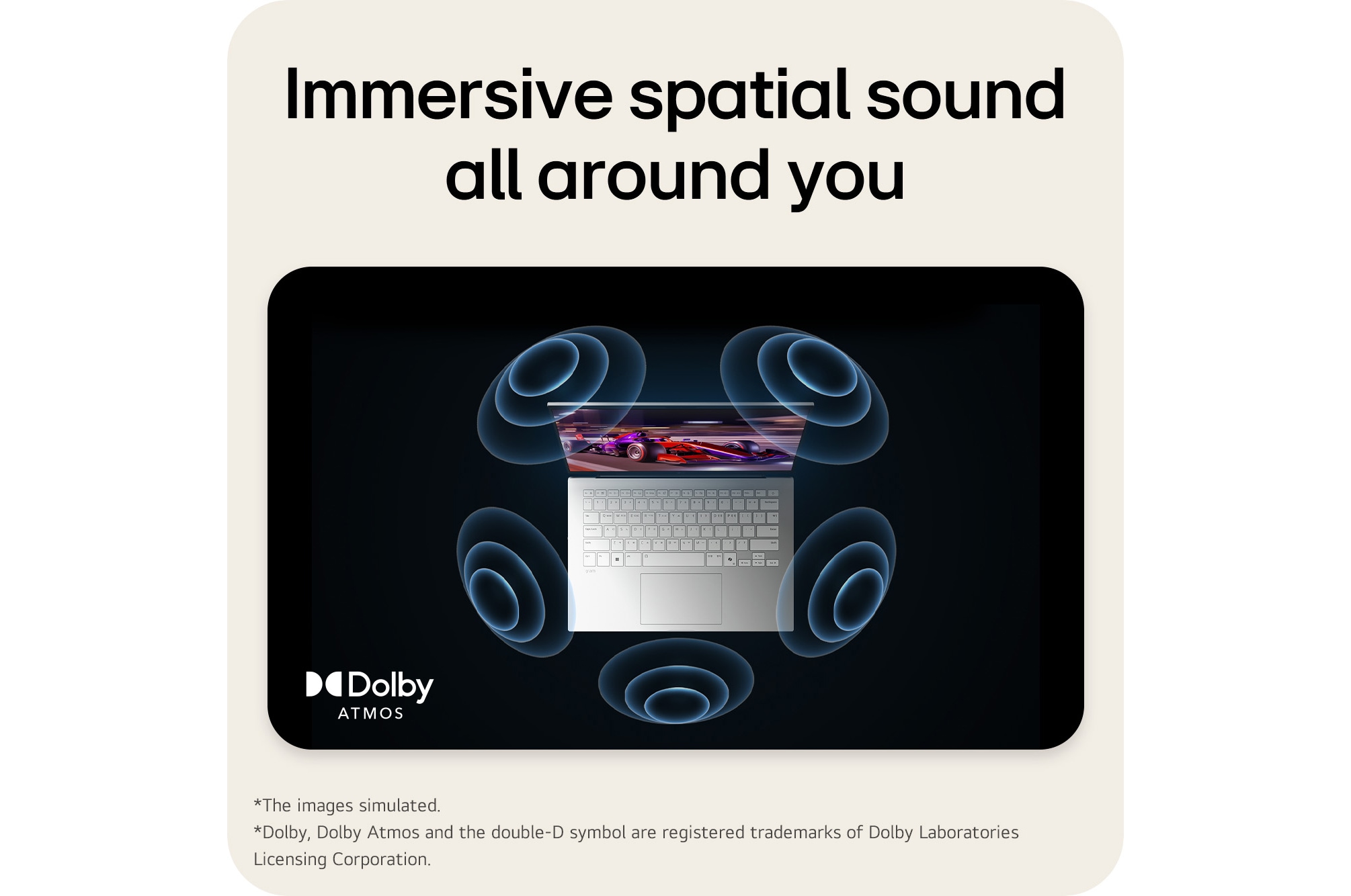 The image shows a top-down view of a laptop with a vibrant, purple-themed graphic on the screen. Surrounding the laptop are dynamic sound wave visuals, indicating an immersive audio experience. The "Dolby Atmos" logo is displayed in the bottom right corner.