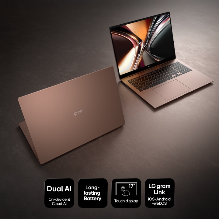 Two LG gram Pro laptops shown on a warm brown-toned background, with one closed showing the top cover and the other open displaying the screen and keyboard. Icons highlight key features.