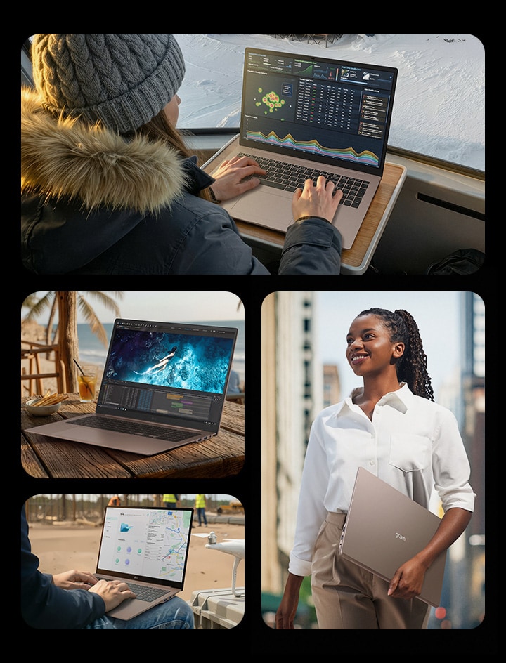 This image shows multiple usage scenarios of the LG gram Pro laptop, including working with creative tools at a desk, gaming and entertainment, outdoor fieldwork, and analyzing data while traveling, highlighting its portability, versatility, and flexibility across different environments.