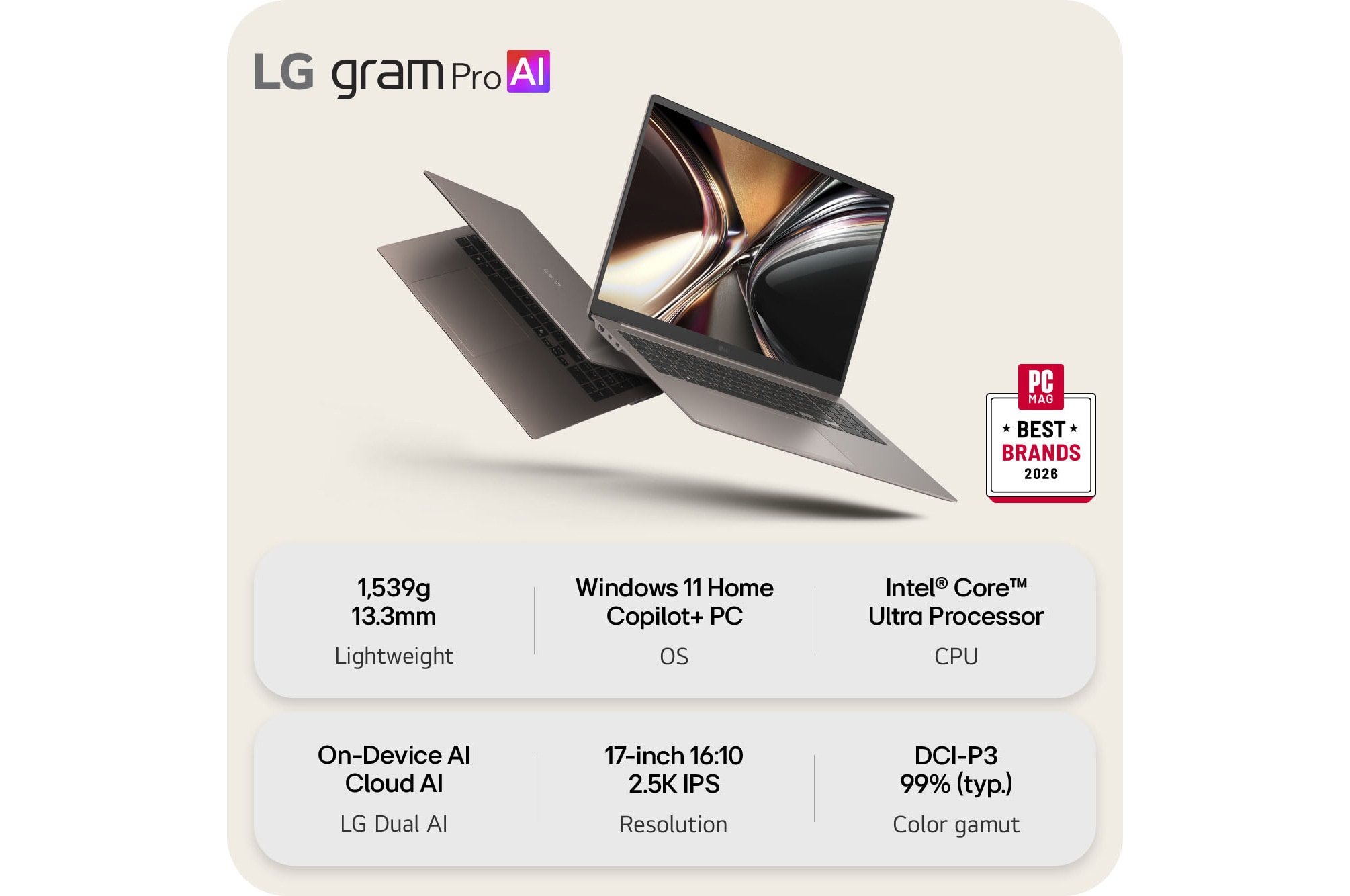 'This image shows two lightweight laptops displayed on a bright background. One laptop is angled to highlight its slim, compact rear design, while the other is open, emphasizing a thin and lightweight build, with key specifications shown below.