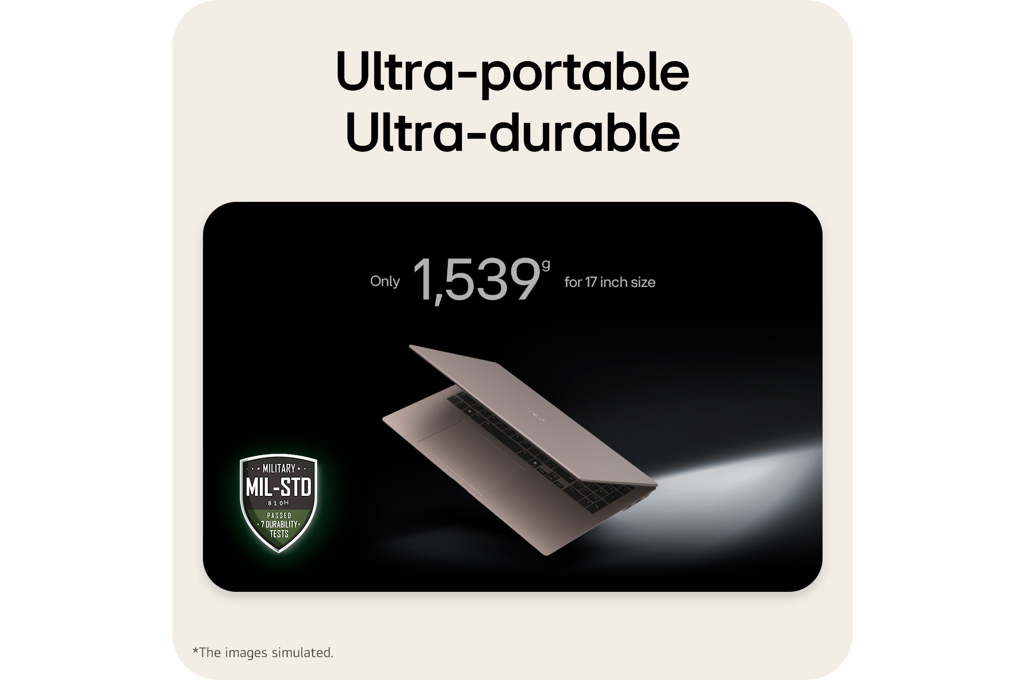 'This image shows a lightweight LG gram laptop floating against a dark background, emphasizing its slim and compact design. Text above highlights the weight of only 1,539 g for the 17 inch size, while a MIL-STD durability certification badge appears in the lower left, indicating military-standard durability testing.