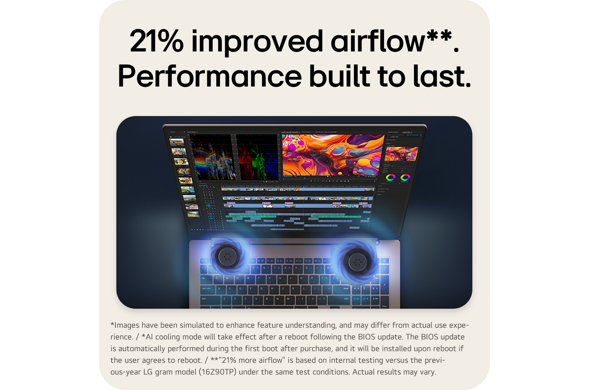 This image shows an LG gram pro laptop displaying video editing content on the screen, with two circular blue visual elements shown beneath the keyboard area.