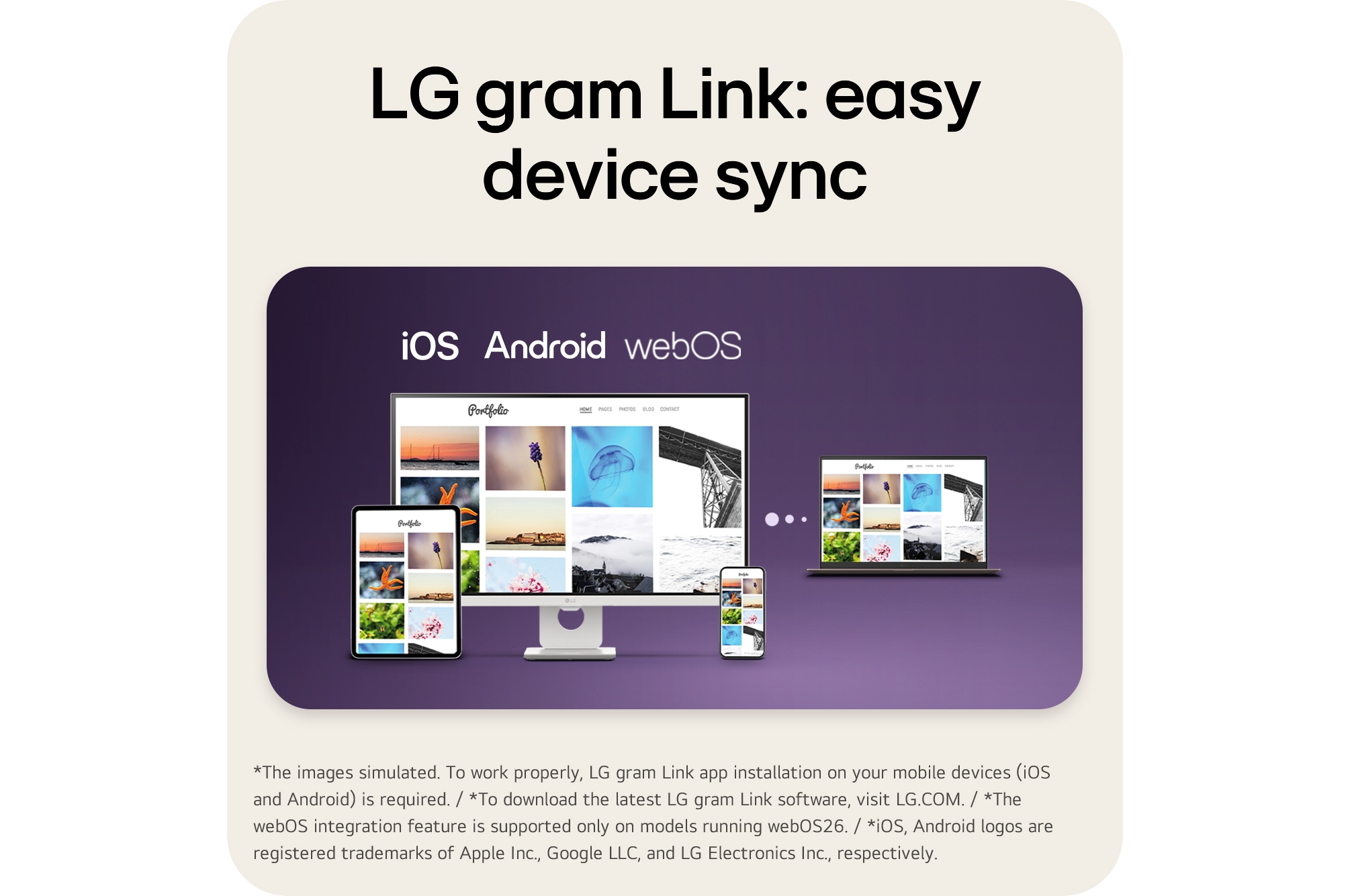 This image shows an LG gram laptop connected with a tablet, smartphone, and desktop display, illustrating seamless multi-device syncing and content sharing across iOS, Android, and webOS using LG gram Link.