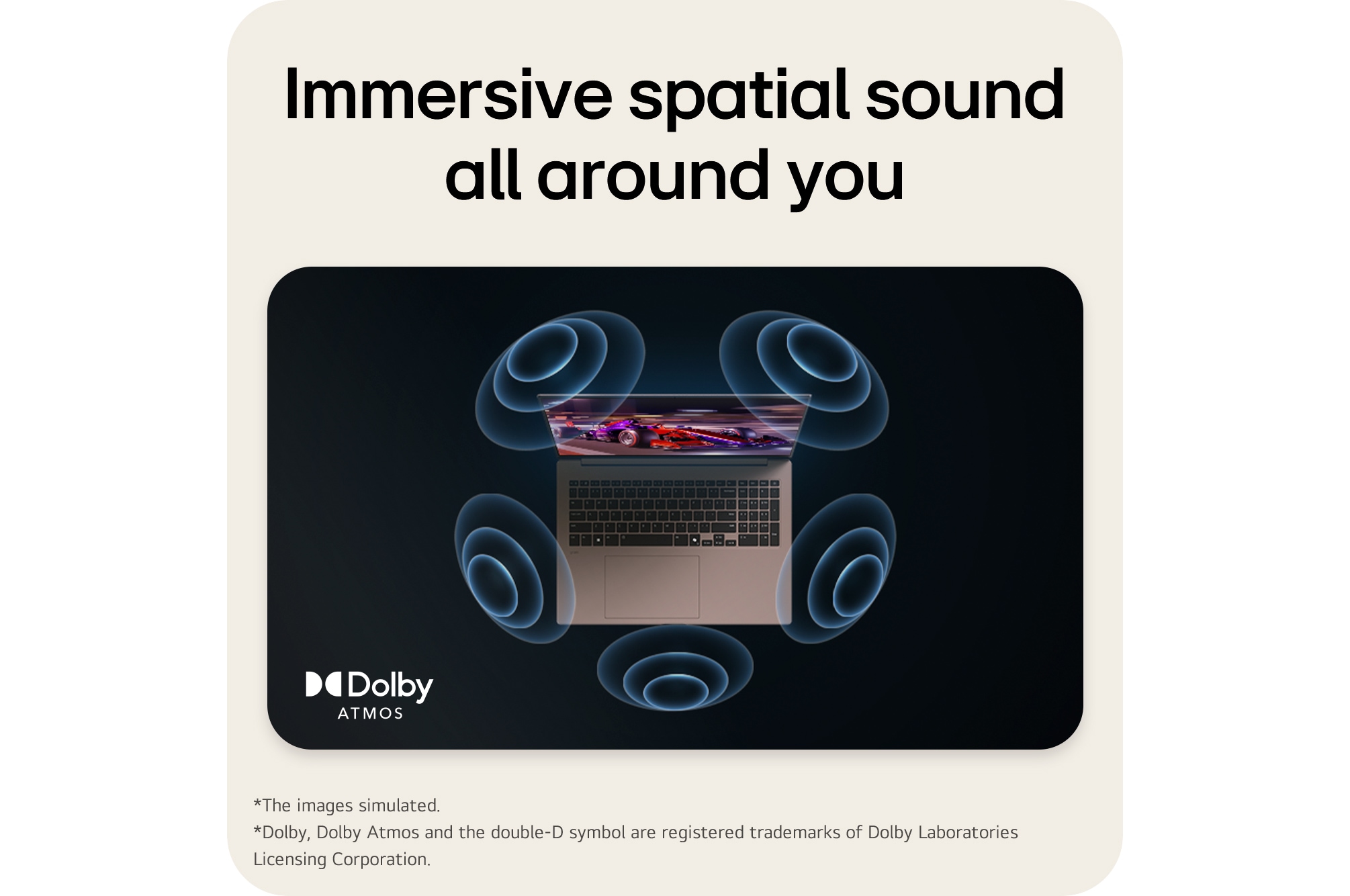 The image shows a top-down view of a laptop with a vibrant, purple-themed graphic on the screen. Surrounding the laptop are dynamic sound wave visuals, indicating an immersive audio experience. The "Dolby Atmos" logo is displayed in the bottom right corner.