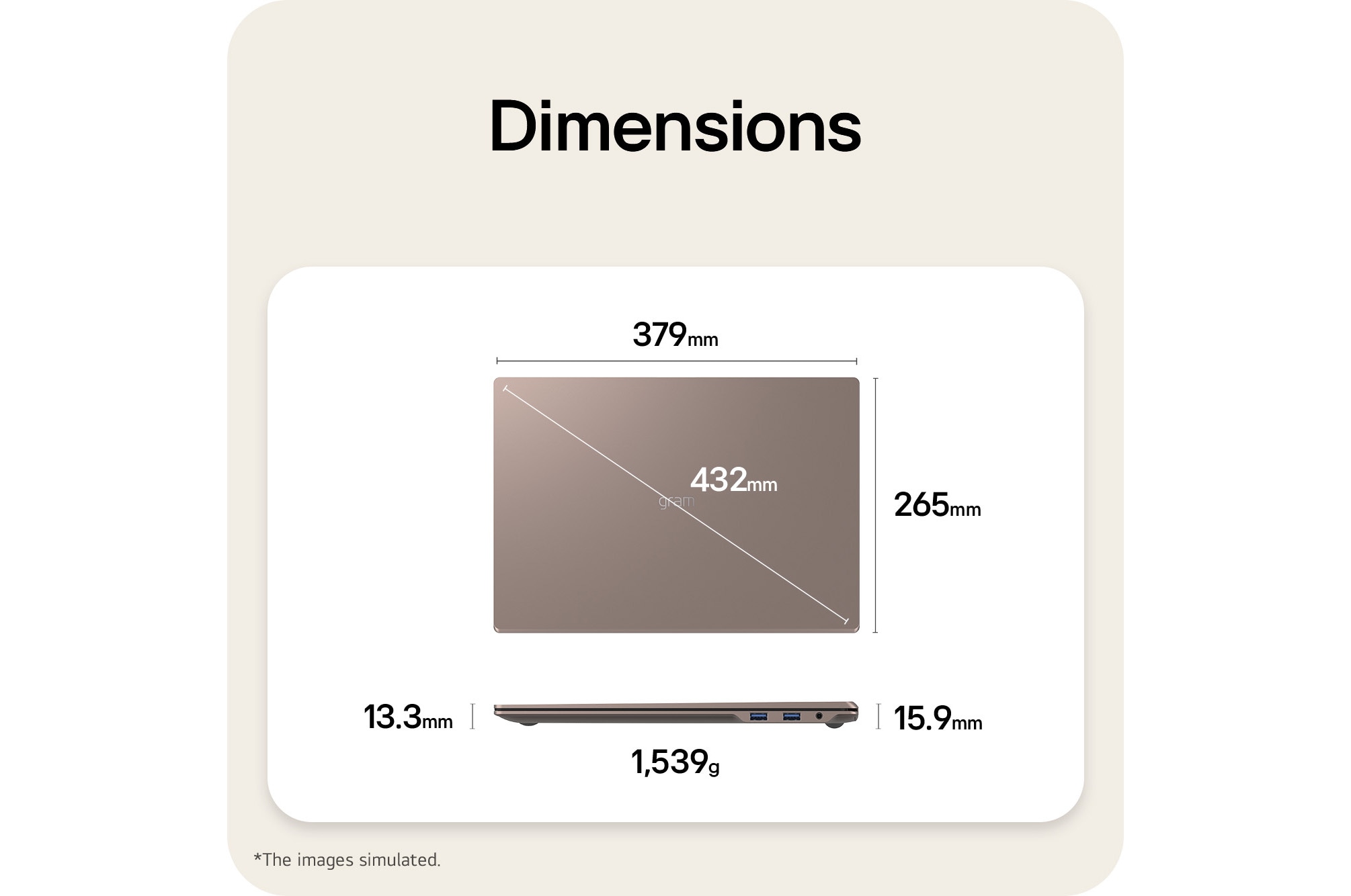 This image shows a dimensions diagram of the LG gram laptop, indicating the top view width and height, a diagonal size, and the side view showing thickness and weight.