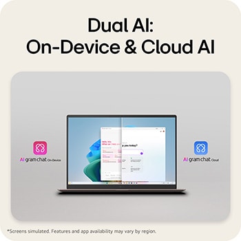 The image shows a laptop screen split into two sections, presenting AI gram chat on-device on one side and AI gram chat cloud on the other, illustrating on-device and cloud-based AI chat interfaces.