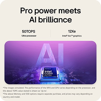 The image features an Intel® Core™ Ultra processor set against a blue-to-purple gradient background, with large semi-transparent “AI” text layered behind the chipset.
