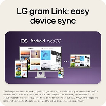 This image shows an LG gram laptop connected with a tablet, smartphone, and desktop display, illustrating seamless multi-device syncing and content sharing across iOS, Android, and webOS using LG gram Link.