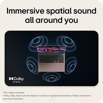 The image shows a top-down view of a laptop with a vibrant, purple-themed graphic on the screen. Surrounding the laptop are dynamic sound wave visuals, indicating an immersive audio experience. The "Dolby Atmos" logo is displayed in the bottom right corner.