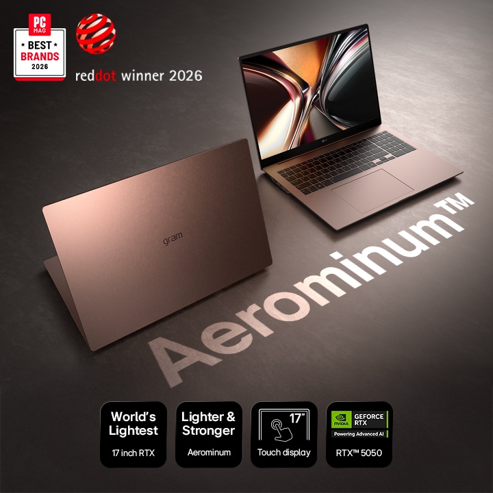 Two LG gram Pro laptops shown on a warm brown-toned background, with one closed showing the top cover and the other open displaying the screen and keyboard. Large “Aerominum™” text appears on the surface, with icons highlighting key features.