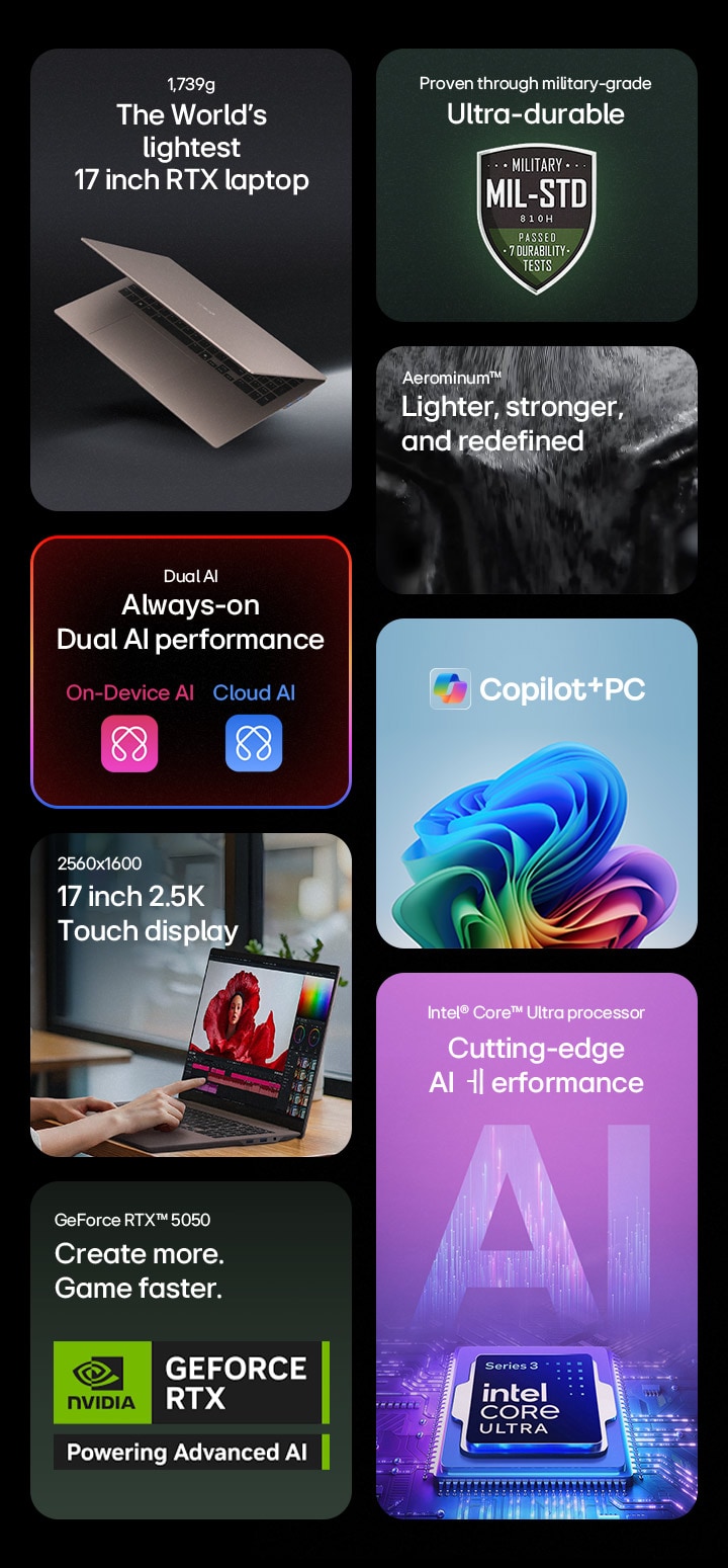 This image shows an overview of key features of the LG gram Pro 17 laptop, including its lightweight design, durability, dual AI performance, Copilot+ PC support, a 17-inch 2.5K touch display, Intel® Core™ Ultra processor, and GeForce RTX™ graphics.