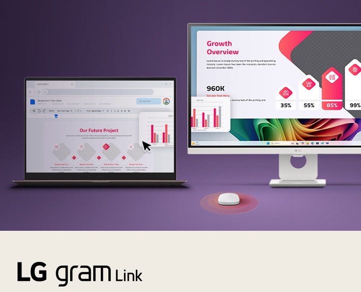 This image shows an LG gram laptop connected with a tablet, smartphone, and desktop display, illustrating seamless multi-device syncing and content sharing across iOS, Android, and webOS using LG gram Link.