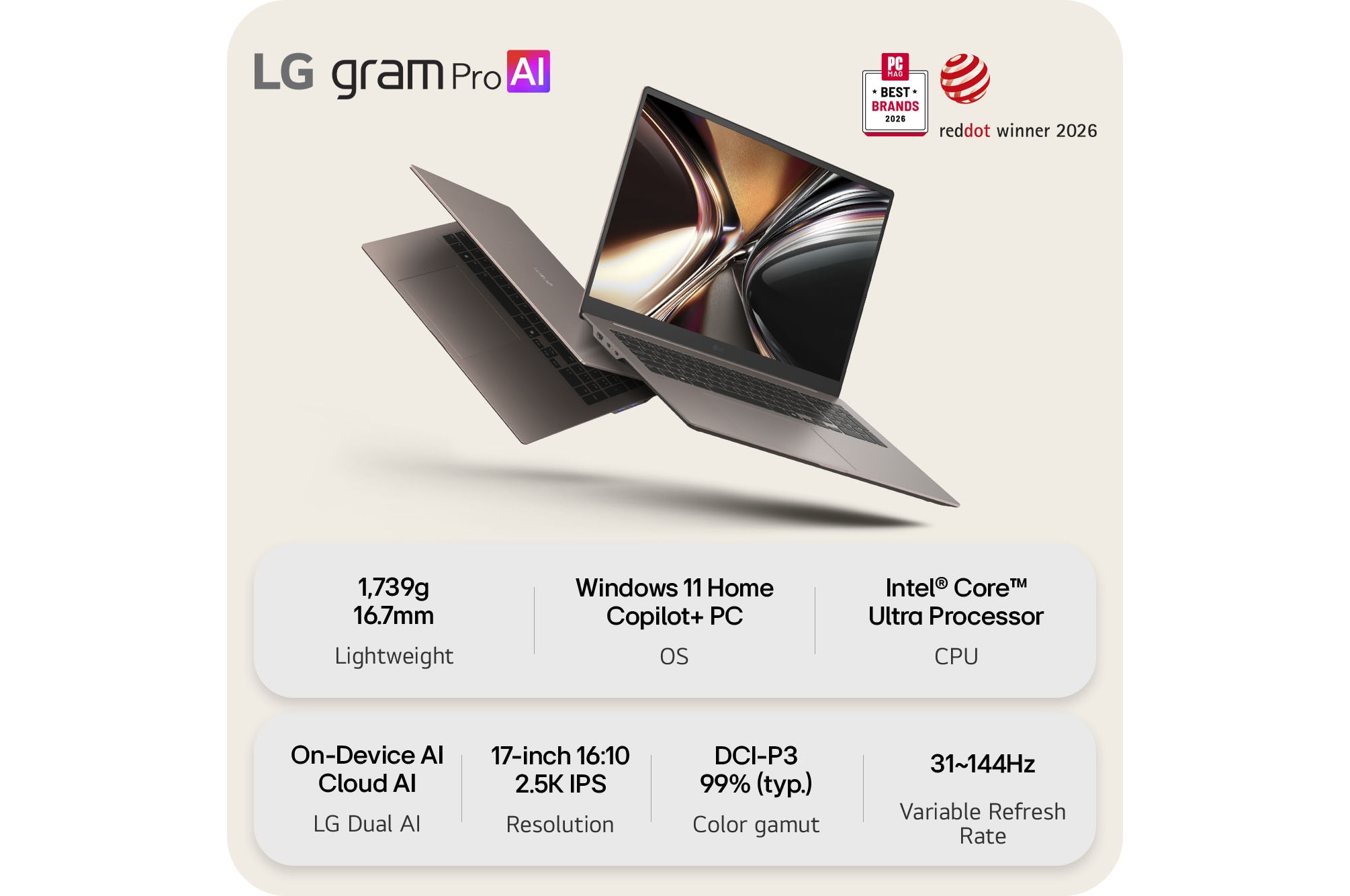 This image shows two lightweight laptops displayed on a bright background. One laptop is angled to highlight its slim, compact rear design, while the other is open, emphasizing a thin and lightweight build, with key specifications shown below.