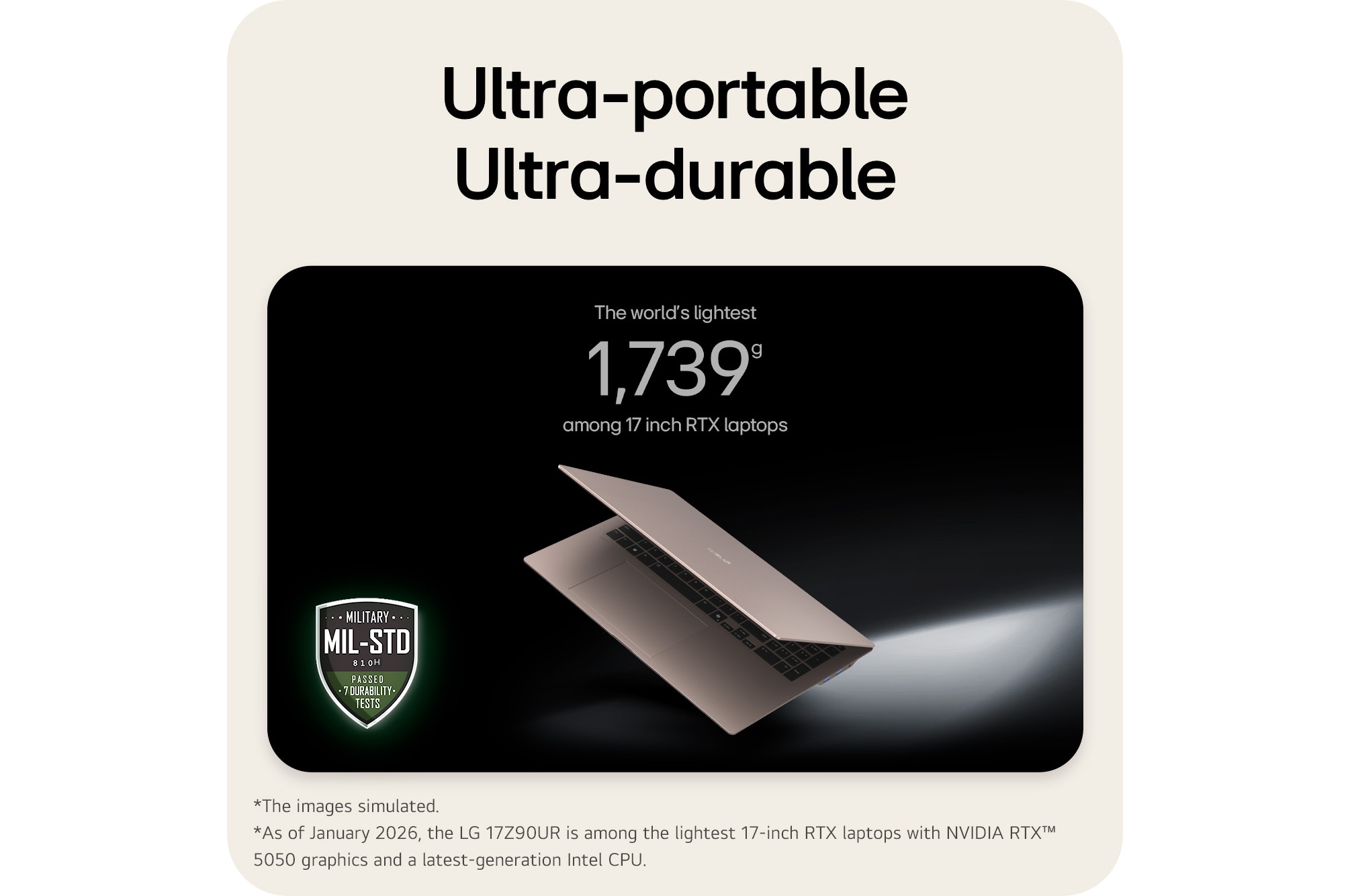 This image shows a lightweight LG gram laptop floating against a dark background, emphasizing its slim and compact design. Text above highlights the weight of The world’s lightest - among 1,739g-17 inch RTX laptops while a MIL-STD durability certification badge appears in the lower left, indicating military-standard durability testing.