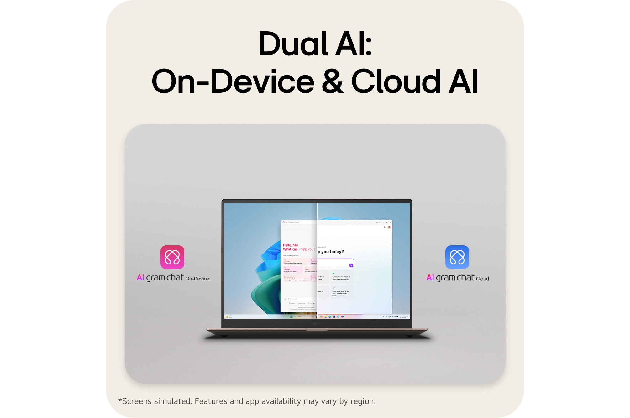 The image shows a laptop screen split into two sections, presenting AI gram chat on-device on one side and AI gram chat cloud on the other, illustrating on-device and cloud-based AI chat interfaces.