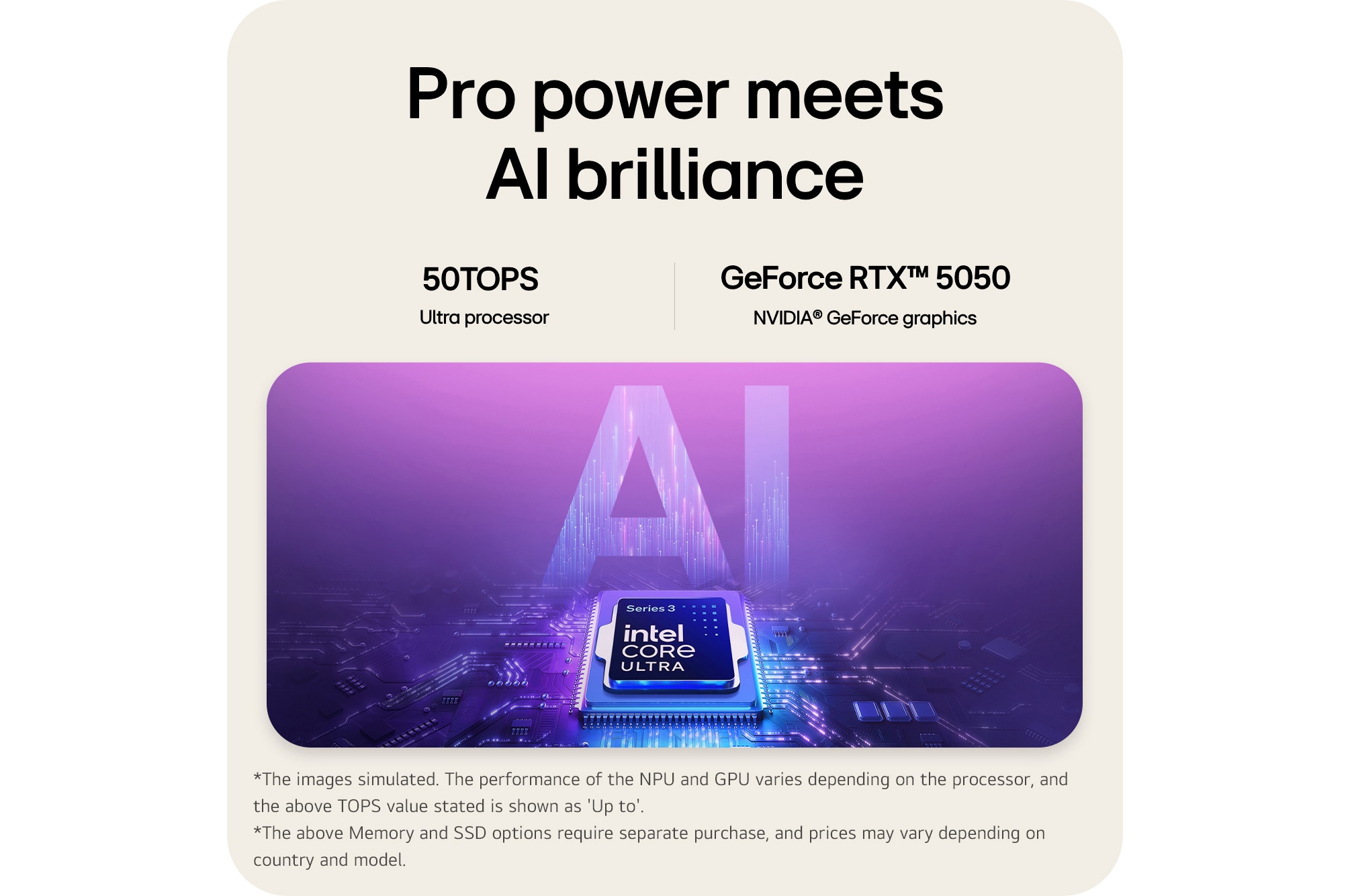The image features an Intel® Core™ Ultra processor set against a blue-to-purple gradient background, with large semi-transparent “AI” text layered behind the chipset.
