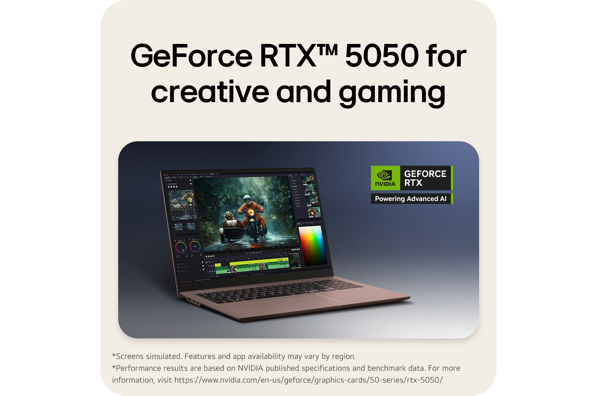 This image shows the LG gram laptop featuring NVIDIA GeForce RTX 5050 graphics for creative and gaming performance.