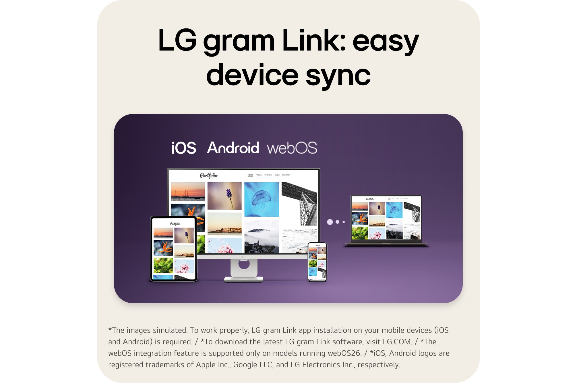 This image shows an LG gram laptop connected with a tablet, smartphone, and desktop display, illustrating seamless multi-device syncing and content sharing across iOS, Android, and webOS using LG gram Link.