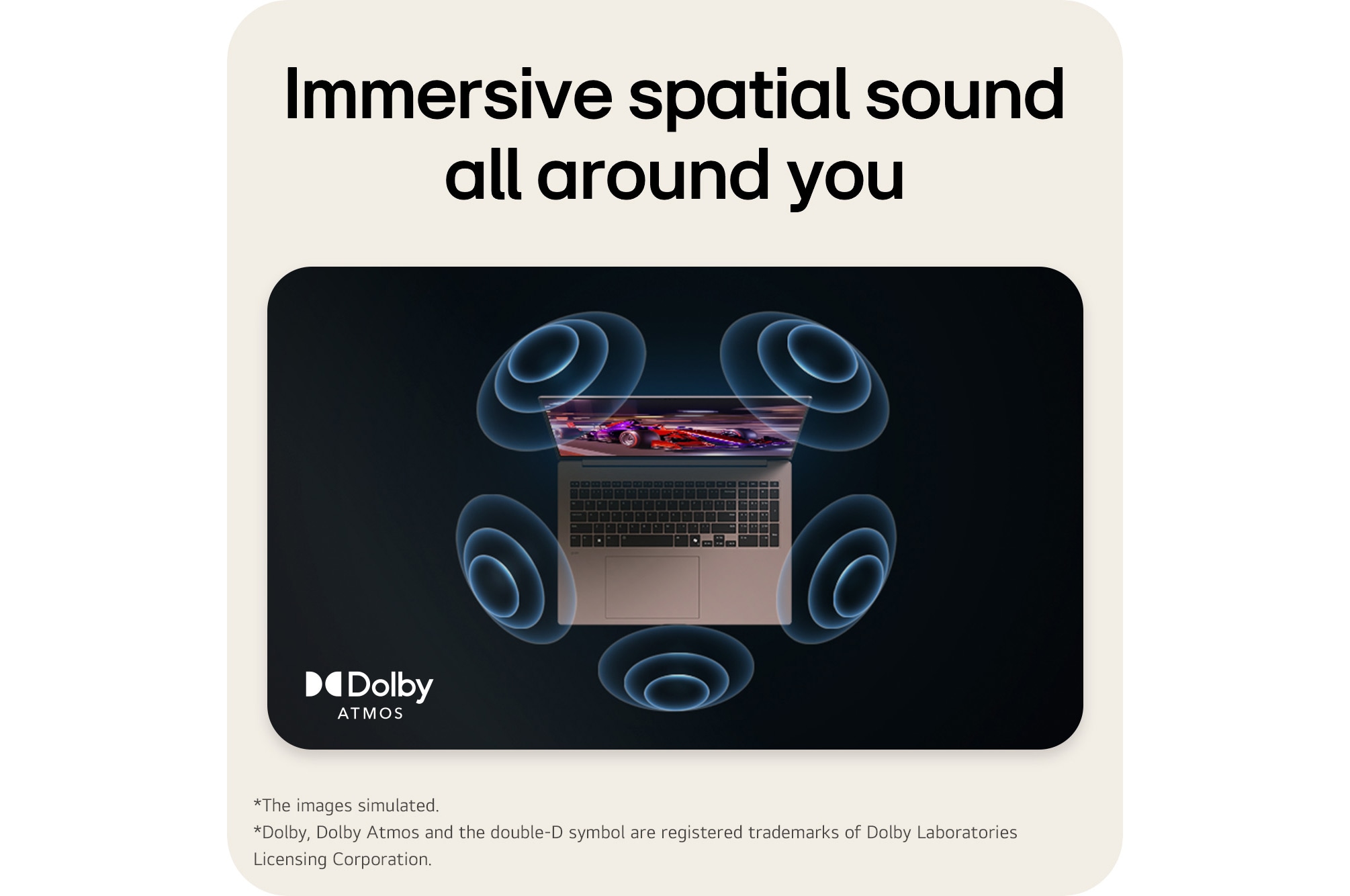 The image shows a top-down view of a laptop with a vibrant, purple-themed graphic on the screen. Surrounding the laptop are dynamic sound wave visuals, indicating an immersive audio experience. The "Dolby Atmos" logo is displayed in the bottom right corner.