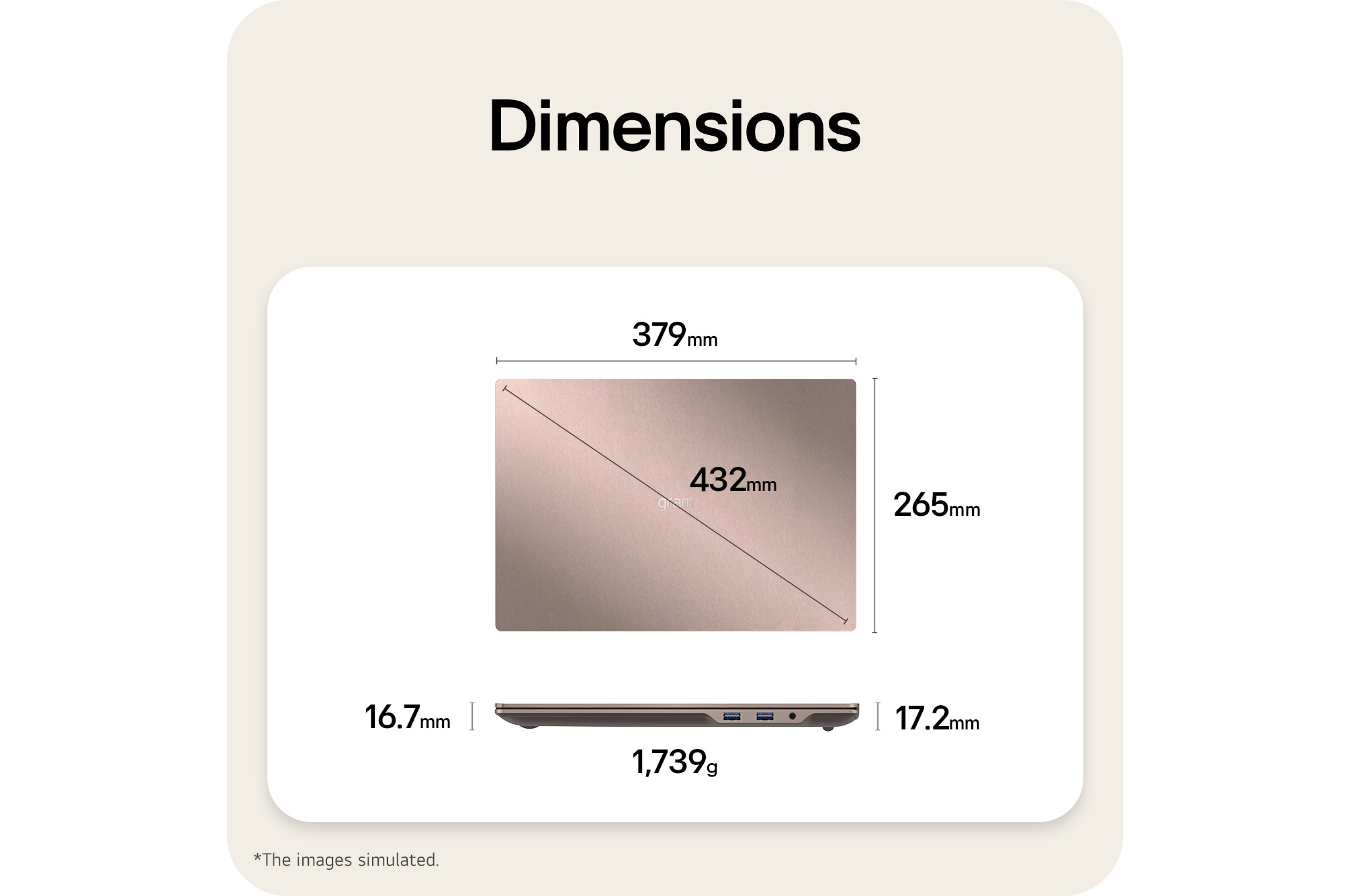 This image shows a dimensions diagram of the LG gram laptop, indicating the top view width and height, a diagonal size, and the side view showing thickness and weight.