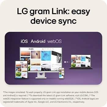This image shows an LG gram laptop connected with a tablet, smartphone, and desktop display, illustrating seamless multi-device syncing and content sharing across iOS, Android, and webOS using LG gram Link.
