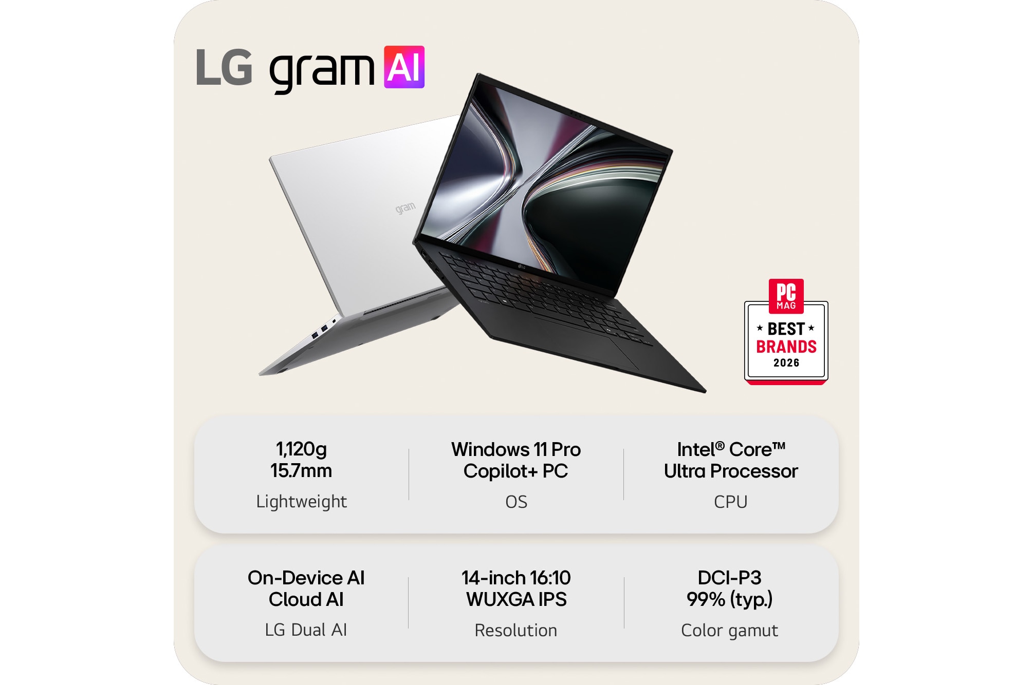 This image shows two lightweight laptops displayed on a bright background. One laptop is angled to highlight its slim, compact rear design, while the other is open, emphasizing a thin and lightweight build, with key specifications shown below.