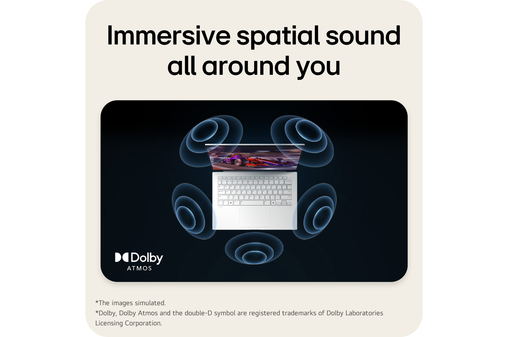 The image shows a top-down view of a laptop with a vibrant, purple-themed graphic on the screen. Surrounding the laptop are dynamic sound wave visuals, indicating an immersive audio experience. The "Dolby Atmos" logo is displayed in the bottom right corner.
