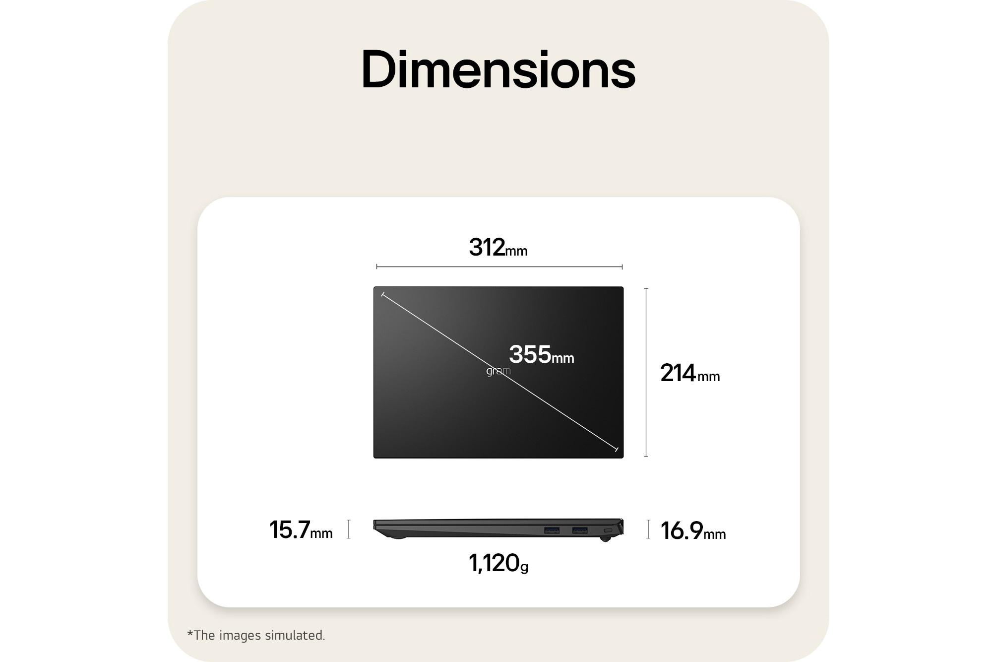 This image shows a dimensions diagram of the LG gram laptop, indicating the top view width and height, a diagonal size, and the side view showing thickness and weight.