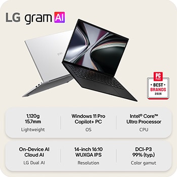 This image shows two lightweight laptops displayed on a bright background. One laptop is angled to highlight its slim, compact rear design, while the other is open, emphasizing a thin and lightweight build, with key specifications shown below.