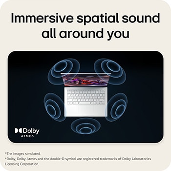 The image shows a top-down view of a laptop with a vibrant, purple-themed graphic on the screen. Surrounding the laptop are dynamic sound wave visuals, indicating an immersive audio experience. The "Dolby Atmos" logo is displayed in the bottom right corner.