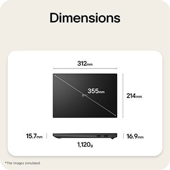 This image shows a dimensions diagram of the LG gram laptop, indicating the top view width and height, a diagonal size, and the side view showing thickness and weight.