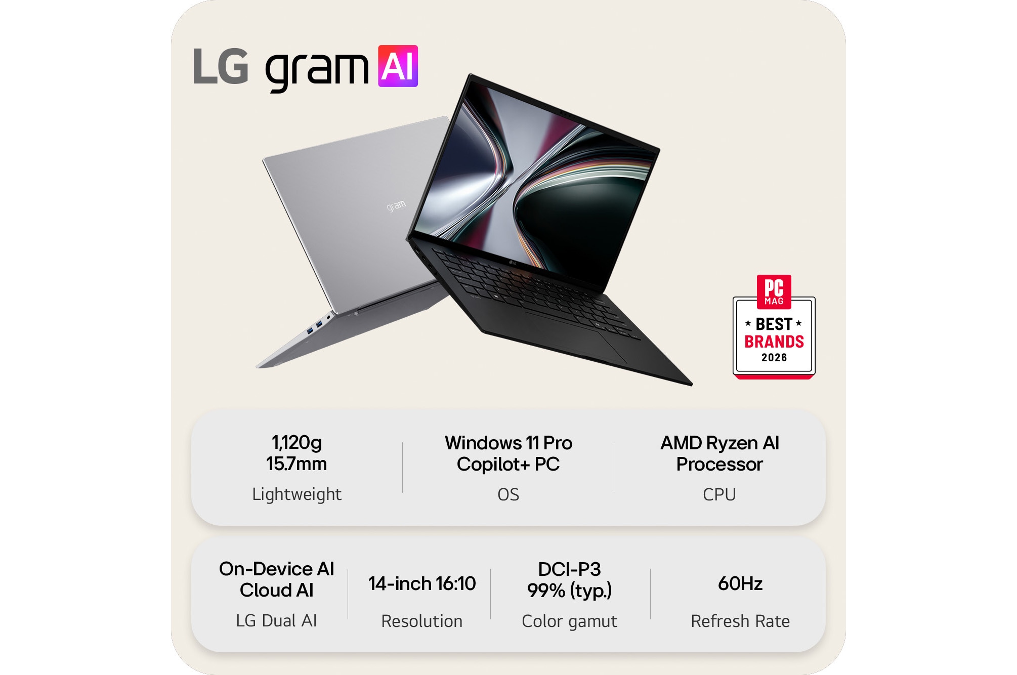 This image shows two lightweight laptops displayed on a bright background. One laptop is angled to highlight its slim, compact rear design, while the other is open, emphasizing a thin and lightweight build, with key specifications shown below.