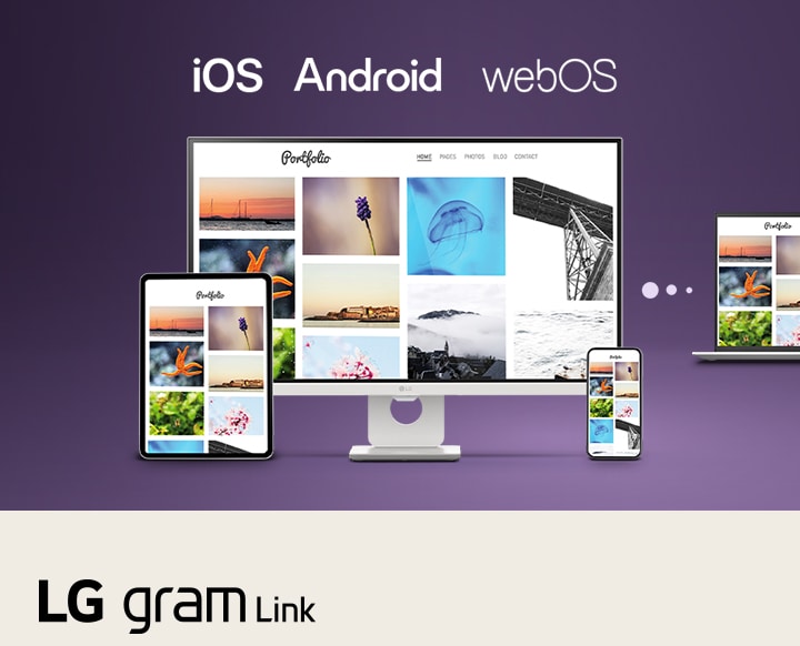 This image shows an LG gram laptop connected with a tablet, smartphone, and desktop display, illustrating seamless multi-device syncing and content sharing across iOS, Android, and webOS using LG gram Link.