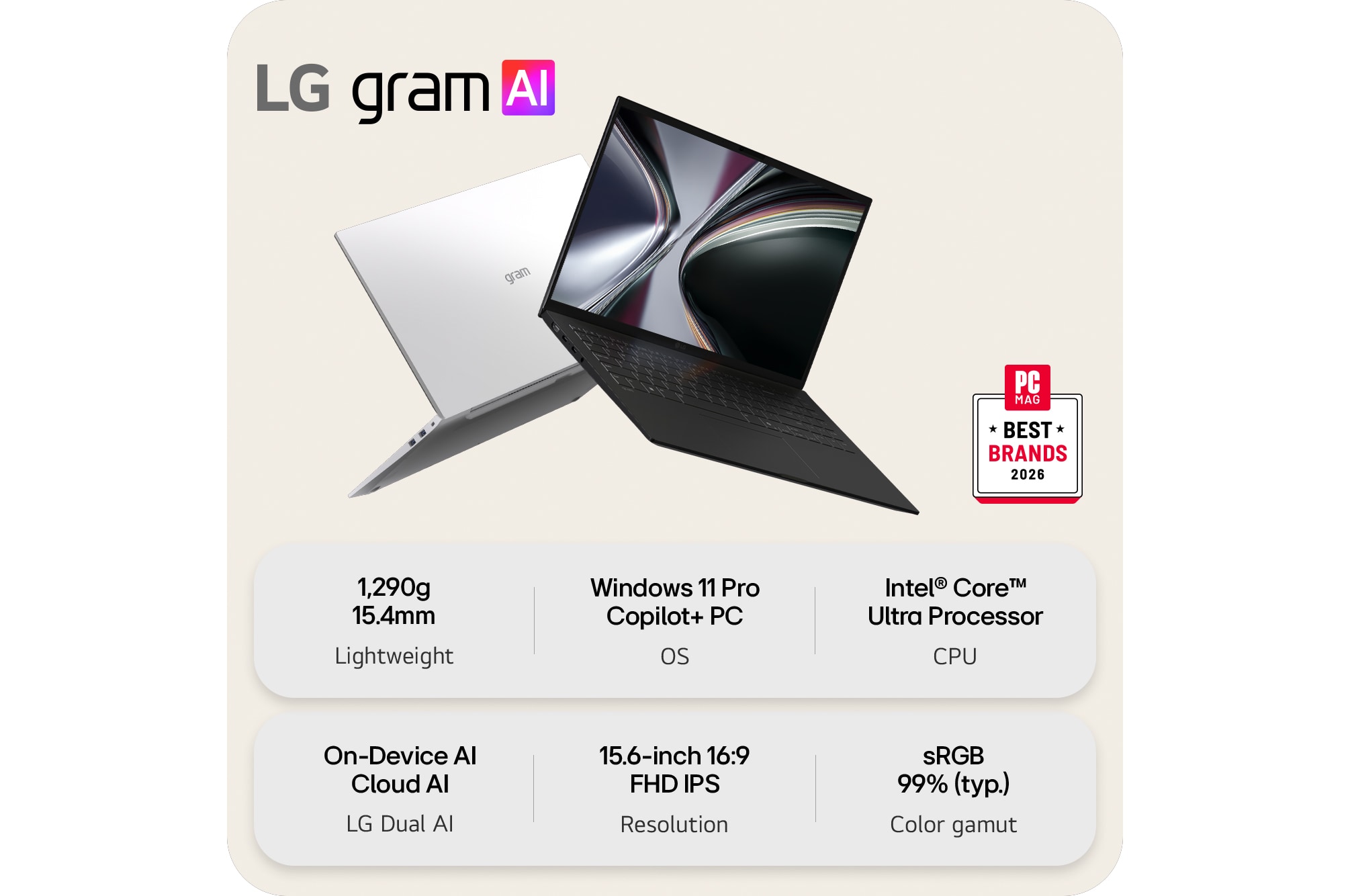 This image shows two lightweight laptops displayed on a bright background. One laptop is angled to highlight its slim, compact rear design, while the other is open, emphasizing a thin and lightweight build, with key specifications shown below.