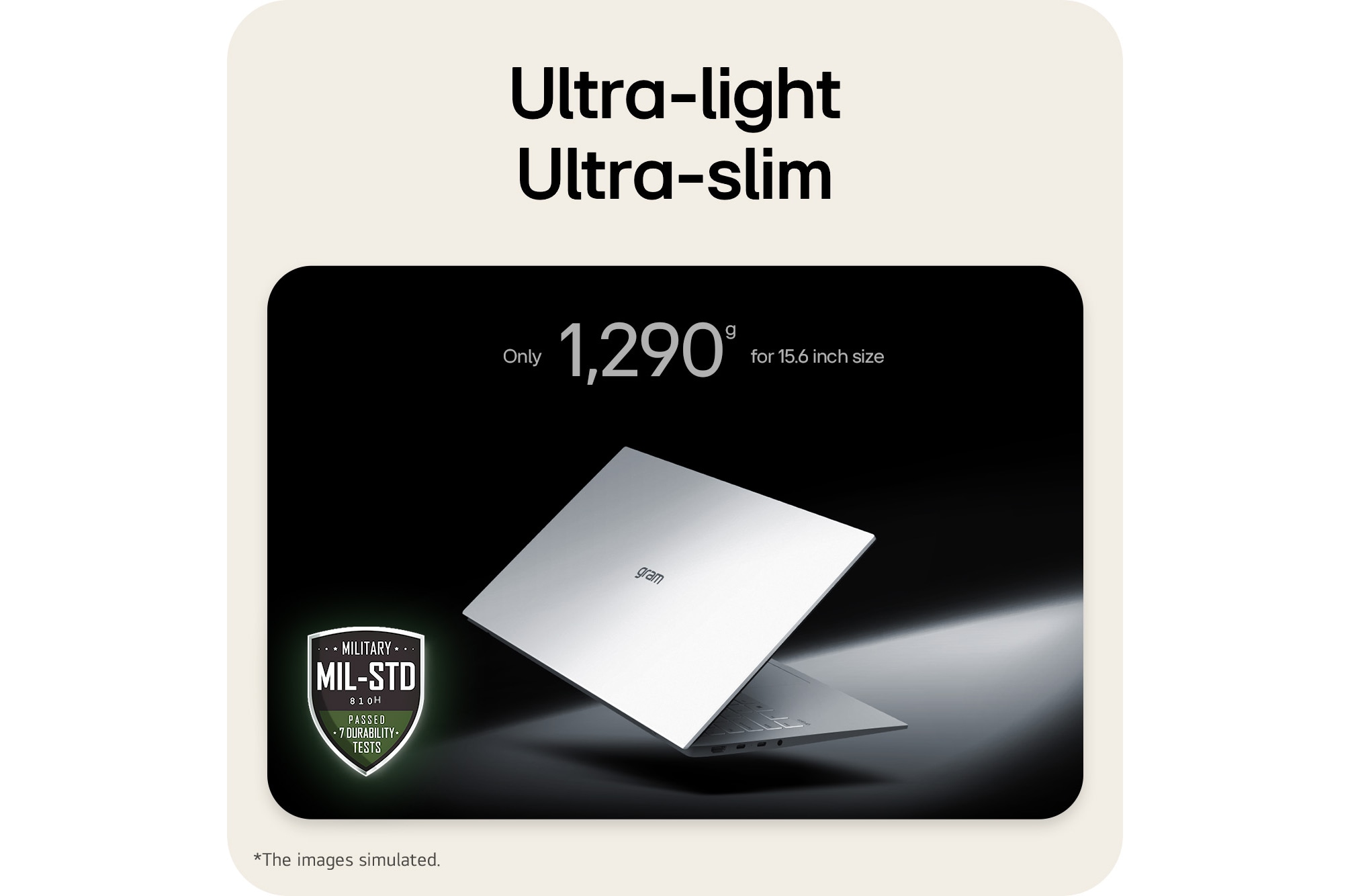 This image shows a lightweight LG gram laptop floating against a dark background, emphasizing its slim and compact design. Text above highlights the weight of The world’s lightest - among 1,739g-17 inch RTX laptops while a MIL-STD durability certification badge appears in the lower left, indicating military-standard durability testing.