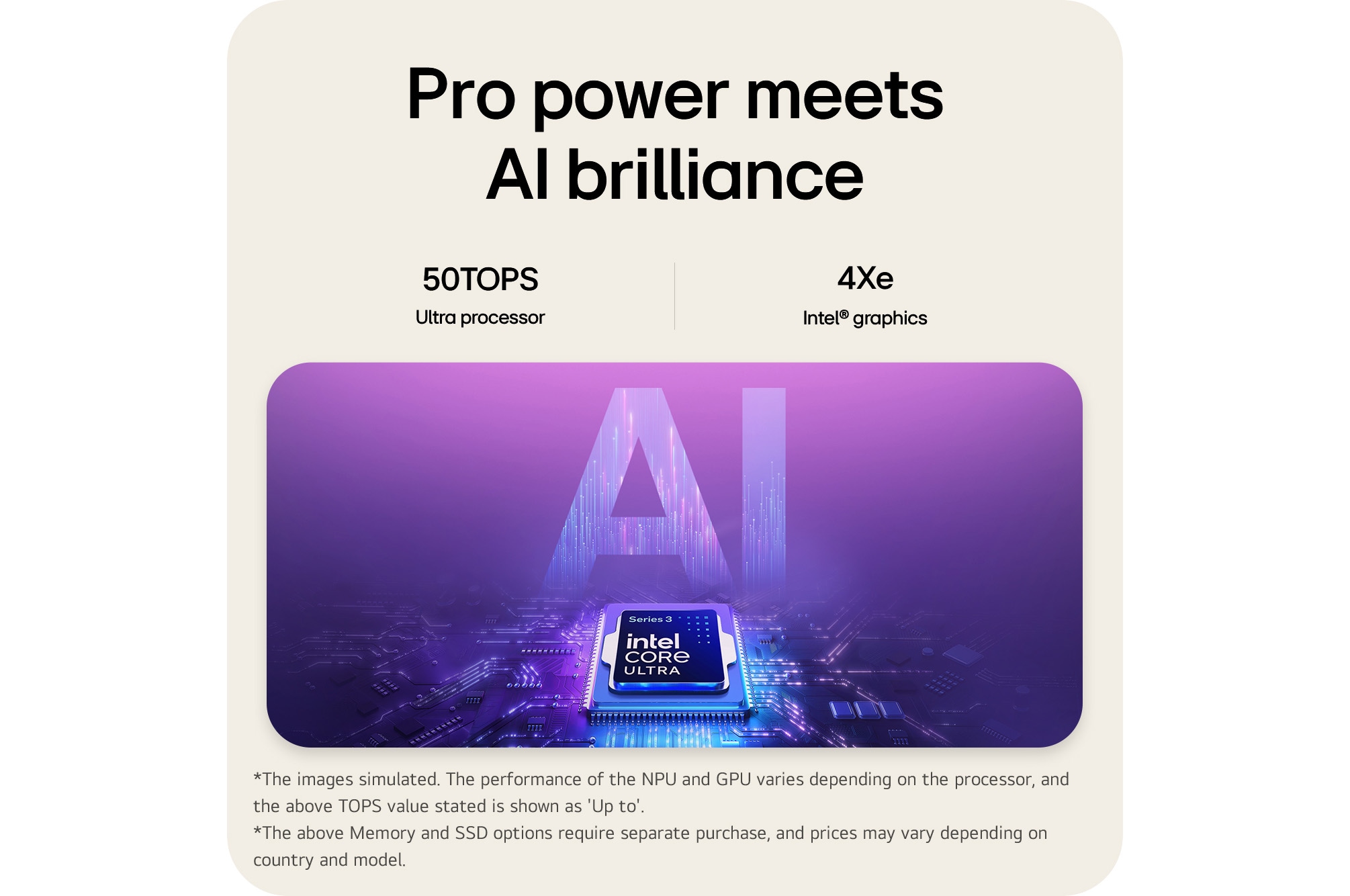 The image shows a laptop screen split into two sections, presenting AI gram chat on-device on one side and AI gram chat cloud on the other, illustrating on-device and cloud-based AI chat interfaces.